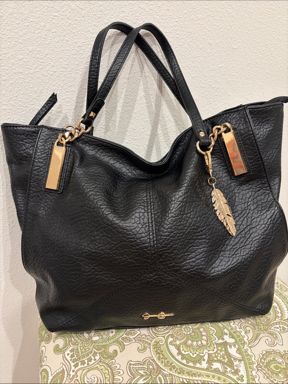 Jessica Simpson Black Tote with Gold Charm Accents